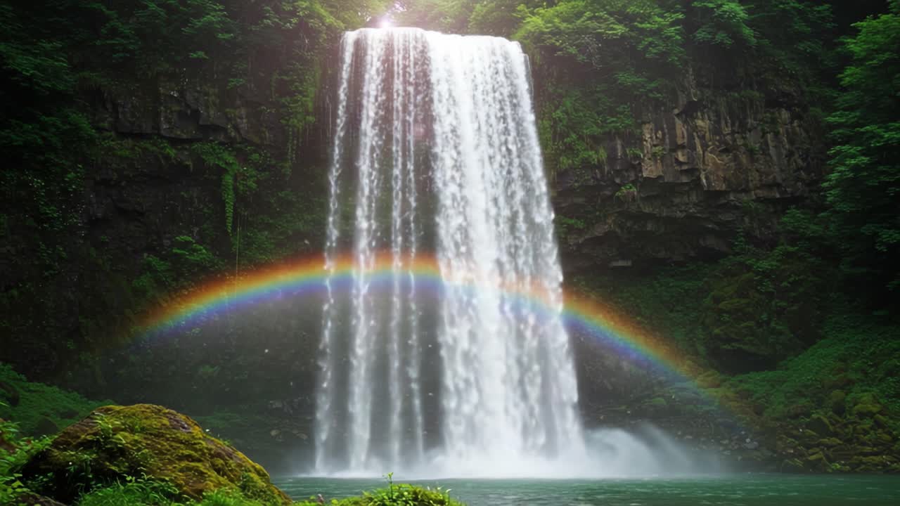 Majestic Waterfall Surrounded by Lush Greenery and a Vibrant Rainbow, Capturing the Beauty of Nature's Serenity in a Tranquil Setting