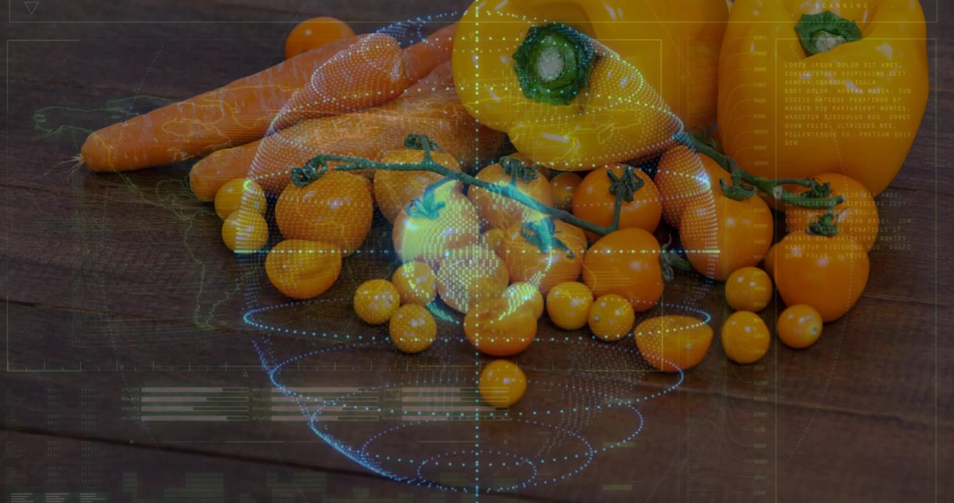 Globo holográfico aparecendo sobre vegetais laranja, pulsando, girando, com HUD deslizante mostrando dados