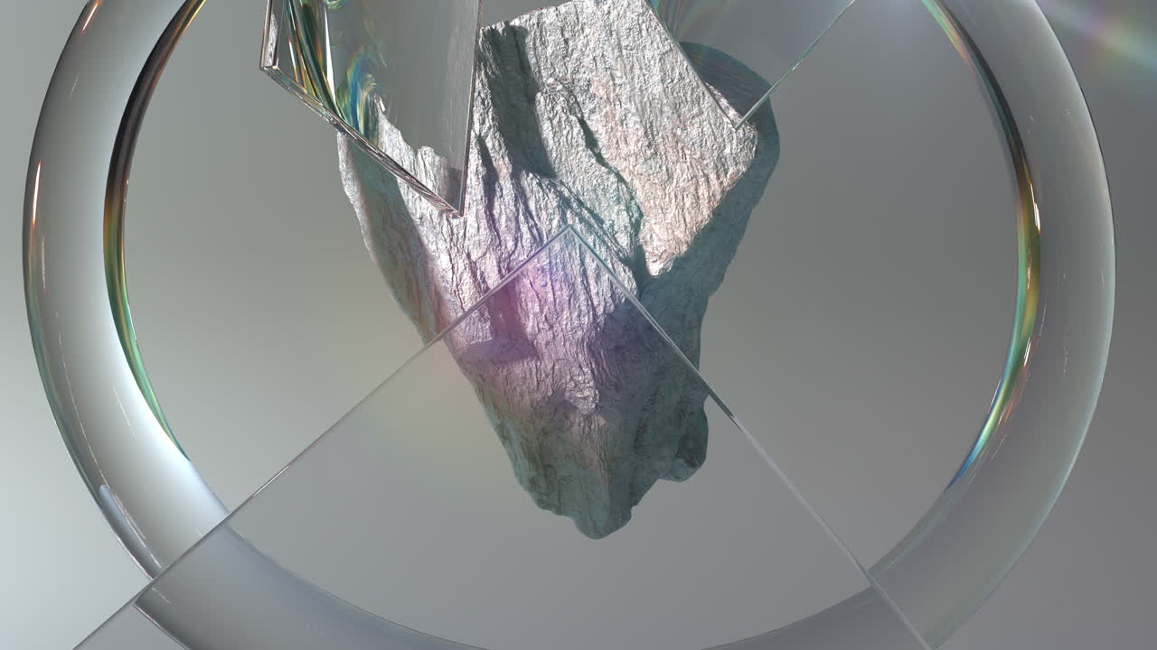 Abstract 3D Animation of a Rock Surrounded by Rotating Glass Elements