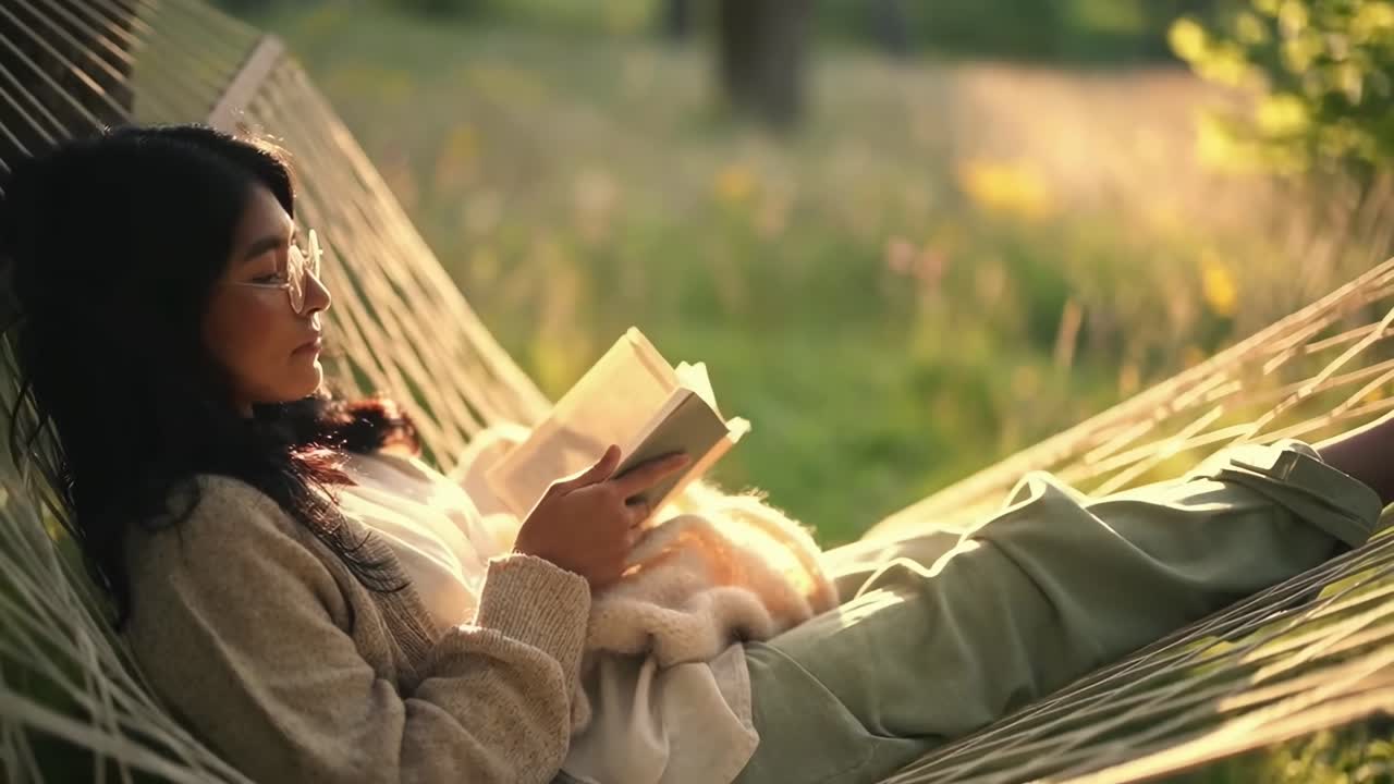Vídeo lateral de uma mulher lendo em uma rede em um jardim sereno e iluminado pelo sol