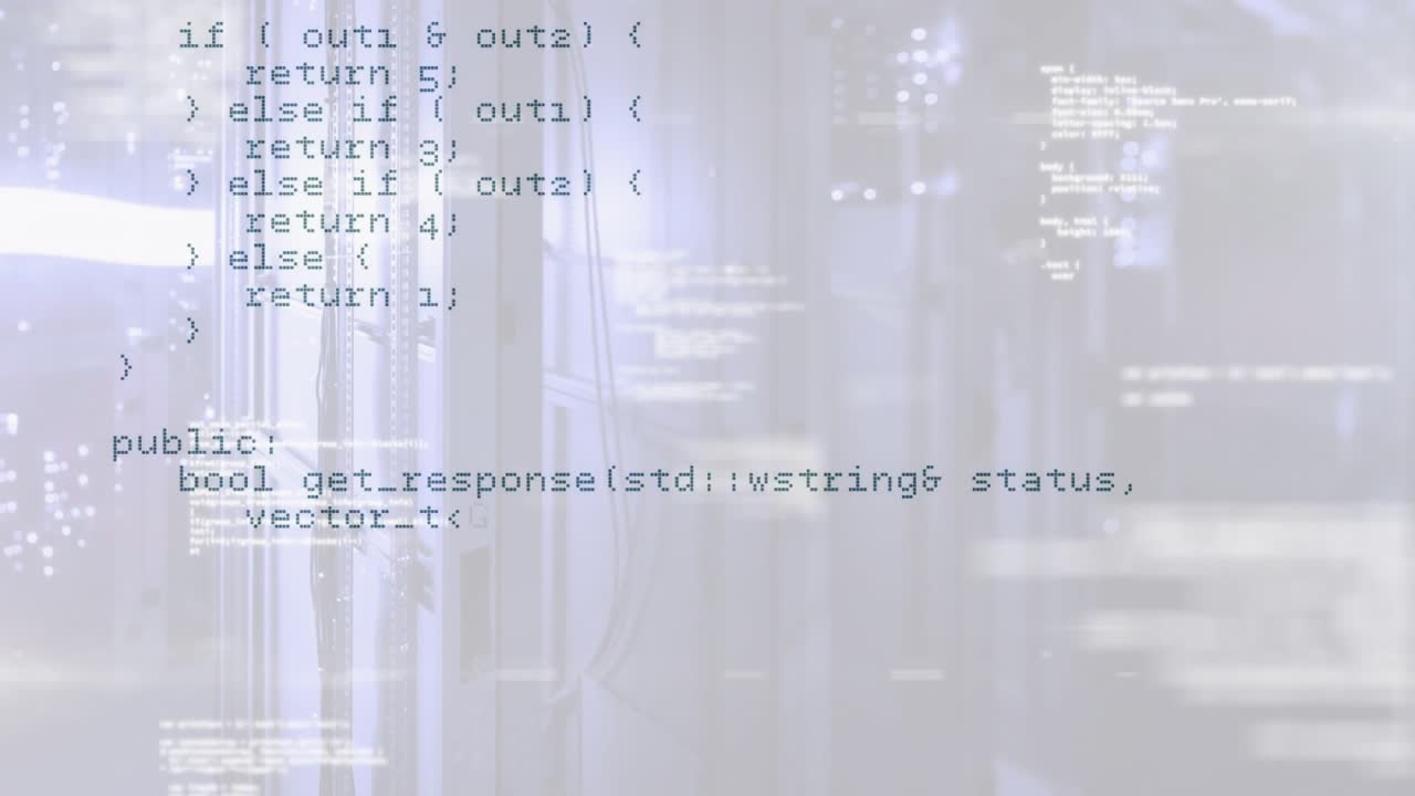 At start, C++ code overlay scrolling over server racks, revealing HTTP request geometry routines