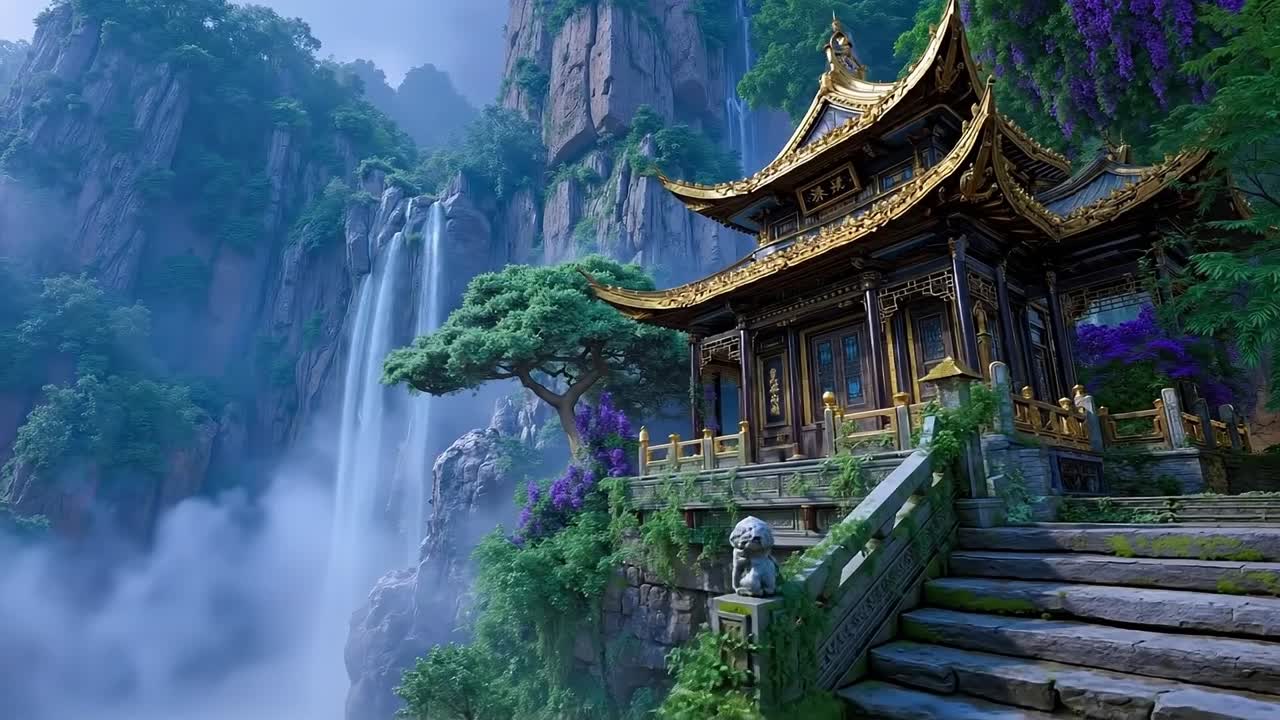 A small temple in the middle of a mountain with a waterfall