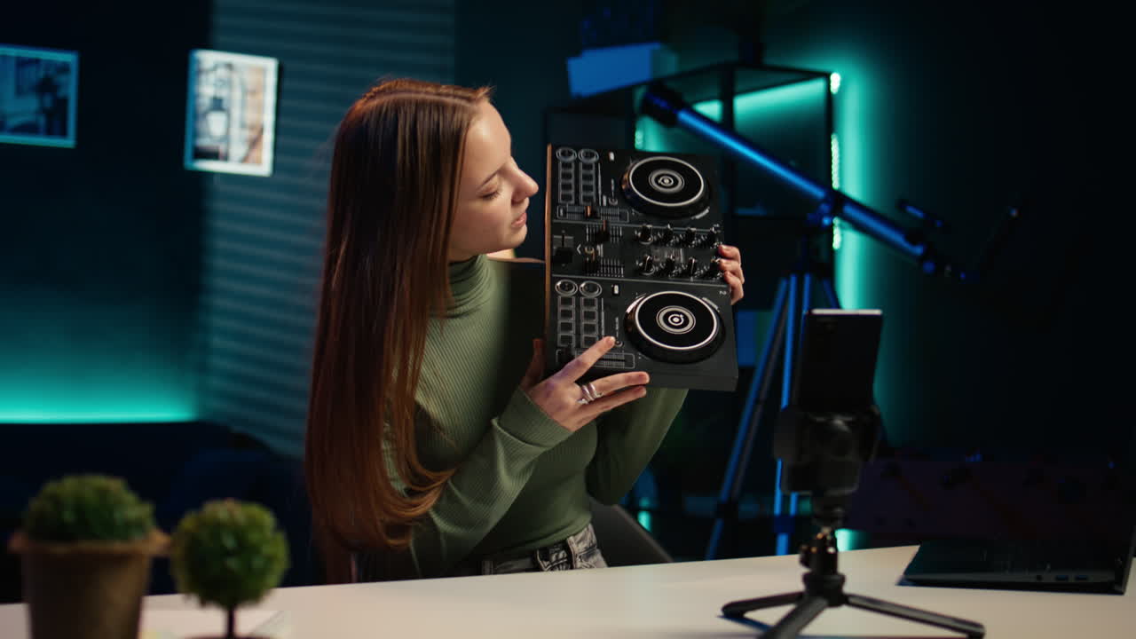 artista de la generación z jugando con mezclador de sonido estéreo en el estudio casero