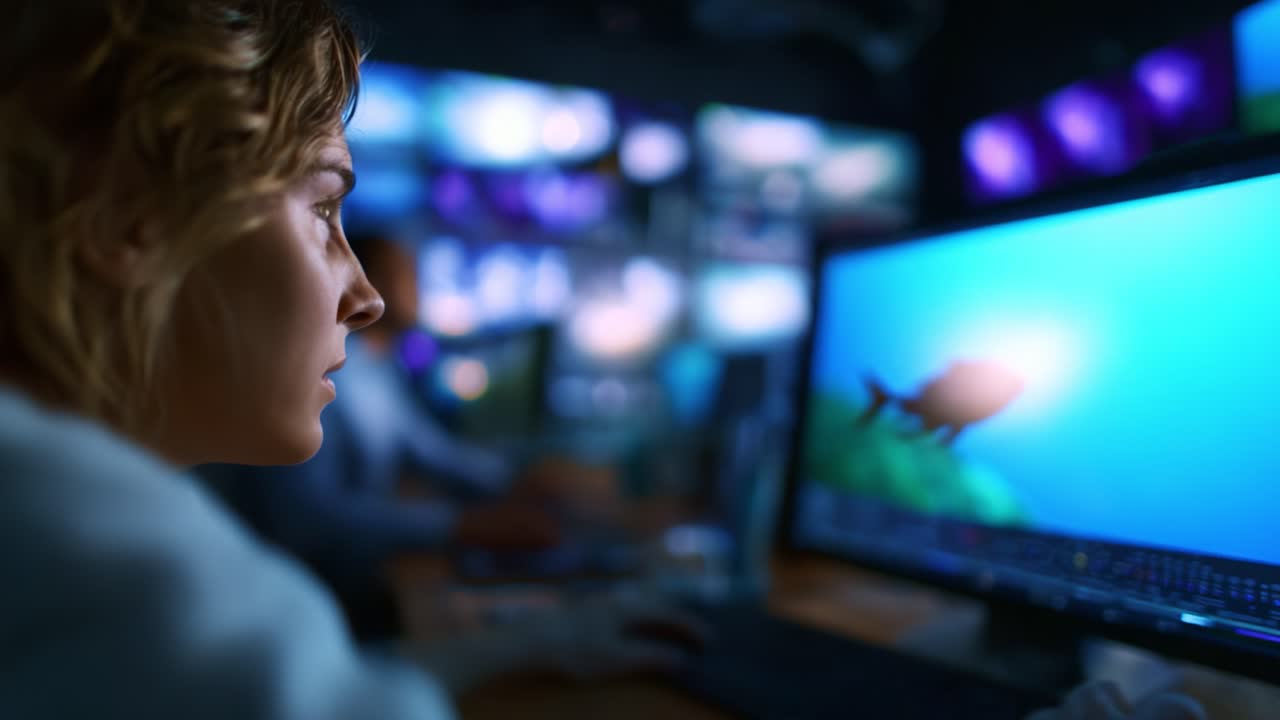 In a high-tech workspace, a focused individual observes stunning visual transformations on the computer by adding vibrant aquatic life to create engaging digital content