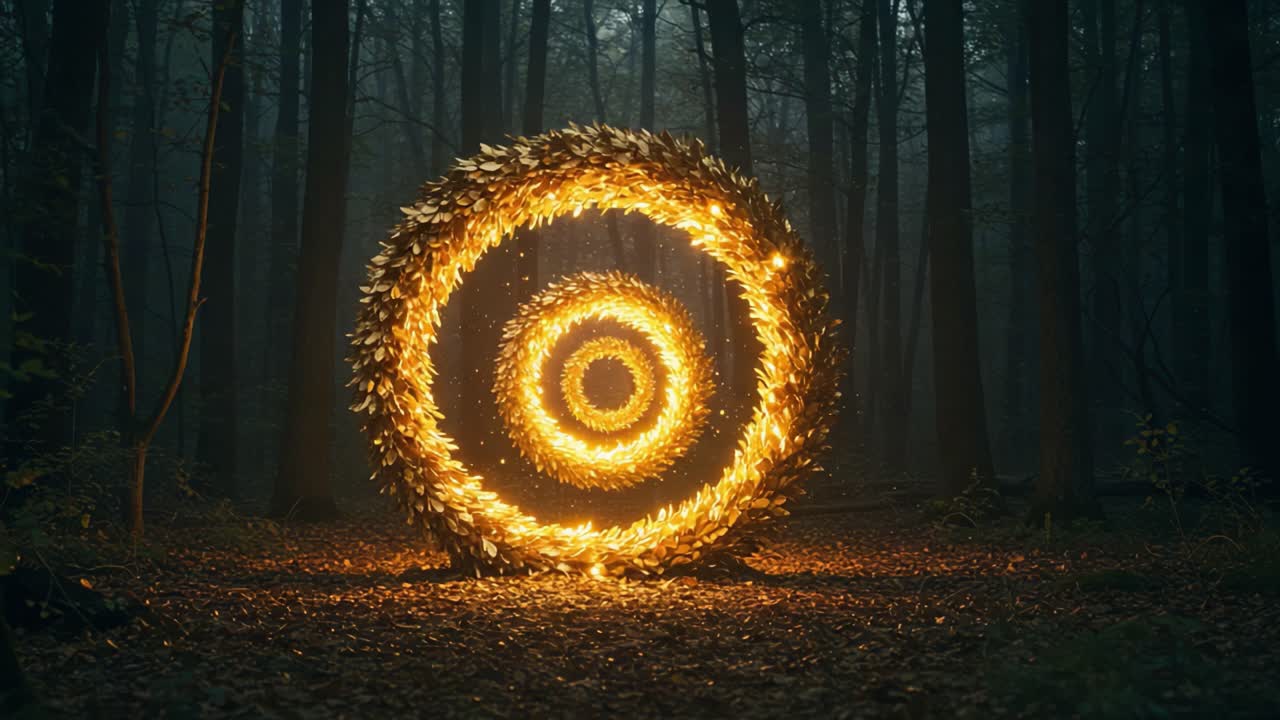 A Mesmerizing Spiral of Illuminated Leaves in a Mystical Forest Creating an Enchanting Atmosphere of Light and Nature's Beauty