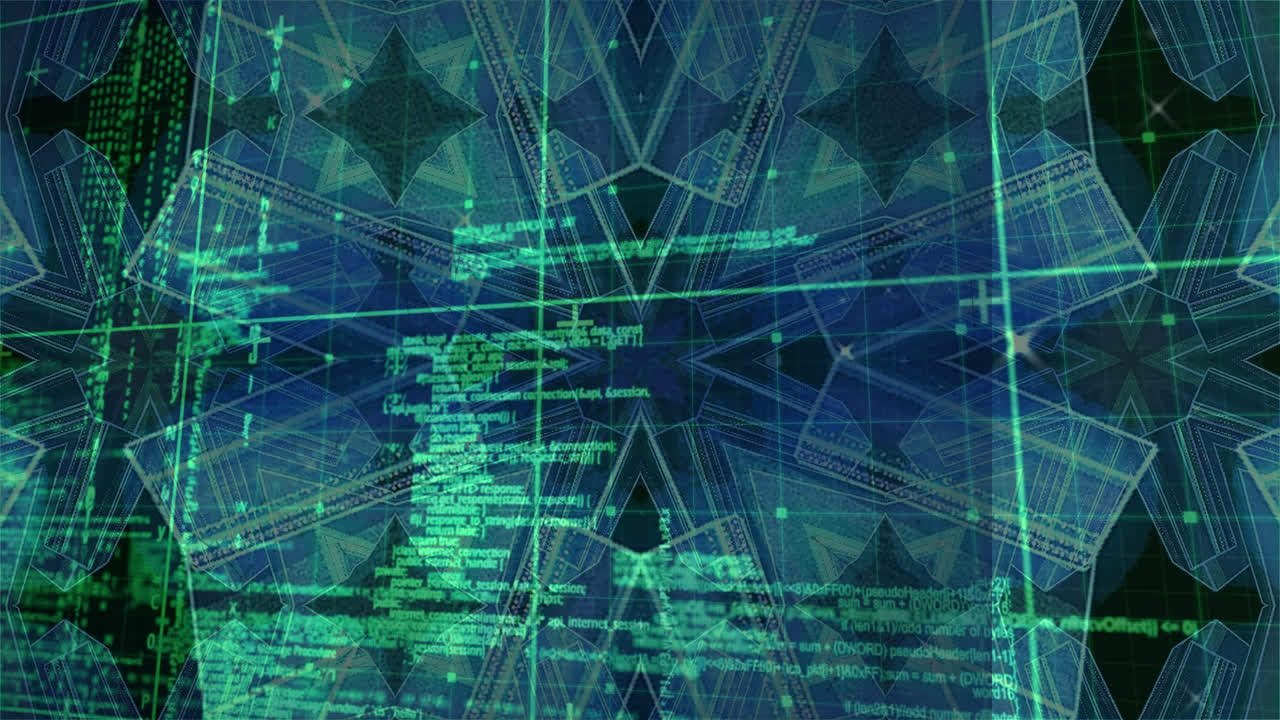 Animation of kaleidoscopic shape over data processing green grid