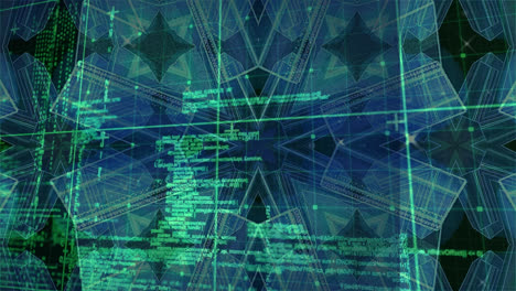 Animation of kaleidoscopic shape over data processing green grid