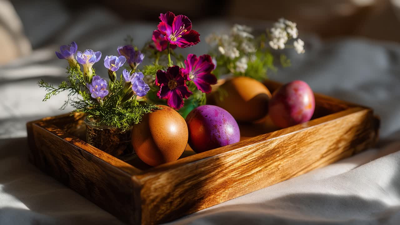 Colorful Easter Eggs Surrounded by Vibrant Flowers in a Wooden Tray: A Perfect Spring Decoration for Festive Celebrations or Seasonal Gatherings