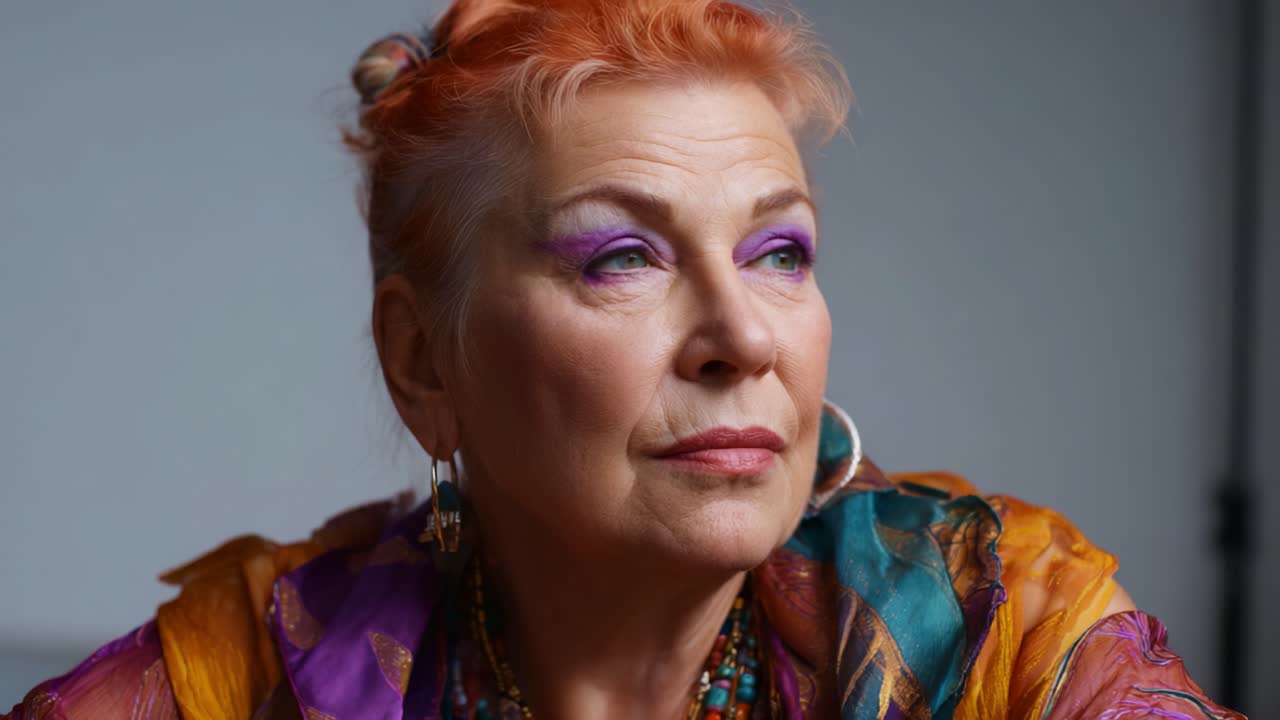 Un ritratto affascinante di una donna matura con capelli vibranti e trucco audace, che trasuda sicurezza di sé attraverso un abbigliamento elegante e un'espressione pensierosa