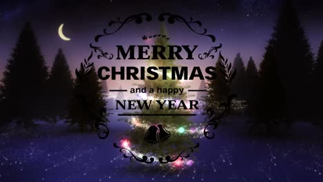 Merry-christmas-and-happy-new-year-text-banner-against-christmas-tree-on-winter-landscape