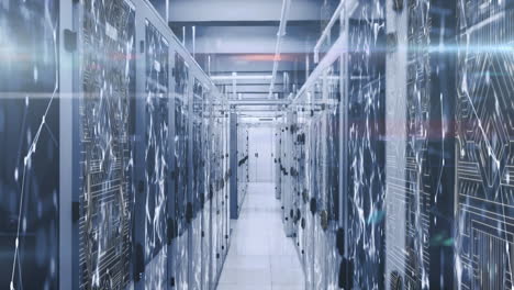 animation of light trails and network of connections over server room