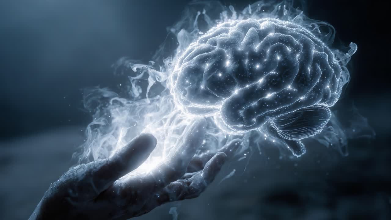 A hand reaches out to grasp a luminous, ethereal representation of a brain, embodying the fusion of human cognition and technology within a mystical atmosphere