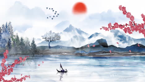 Peaceful-nature-Traditional-Fantasy-Chinese-style-ink-landscape-plum-blossom-animation-material-background-of-beautiful-calm-trees,-mountains,-flowers,-lake,-water,-birds,-blue-sky,-boat