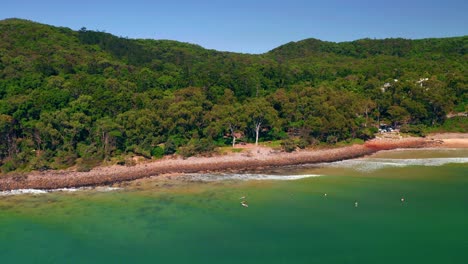 dense forest mountains and turquoise beach with tourist surfers in noosa heads main beach in qld, australia