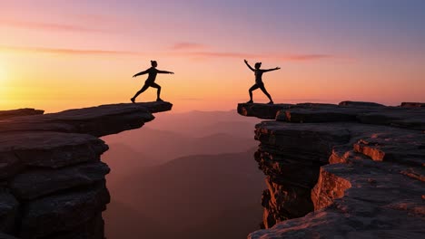 stunning sunset silhouette: two figures engaged in a dynamic pose on a dramatic rock formation overlooking a vast landscape of mountains and valleys