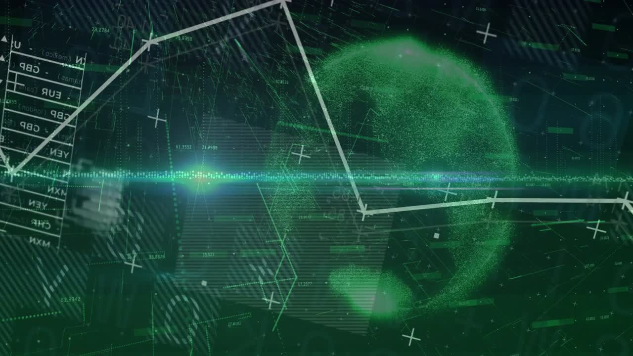 On playback hologram globe forming while white line graph rising then falling, showing data trends