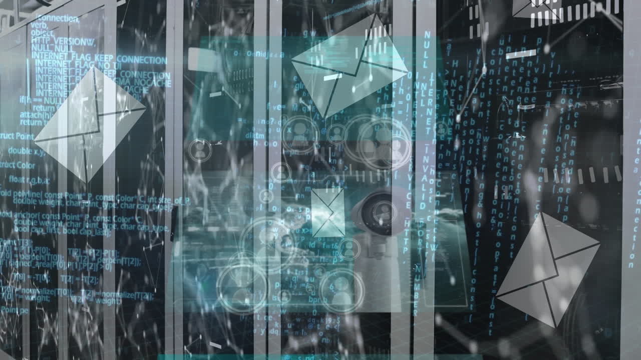 animación de iconos y procesamiento de datos en la sala del servidor