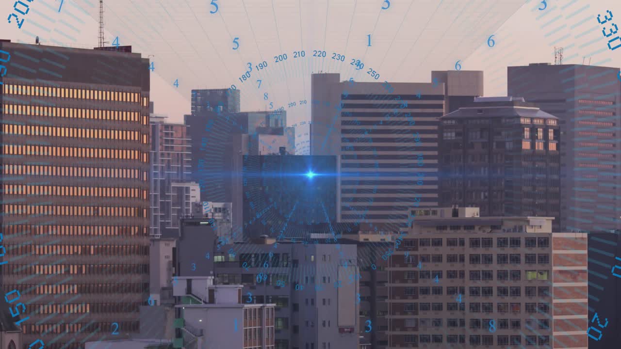 도시 풍경의 공중 시야에 대해 파란 빛의 지점을 중심으로 회전하는 데이터 처리의 애니메이션