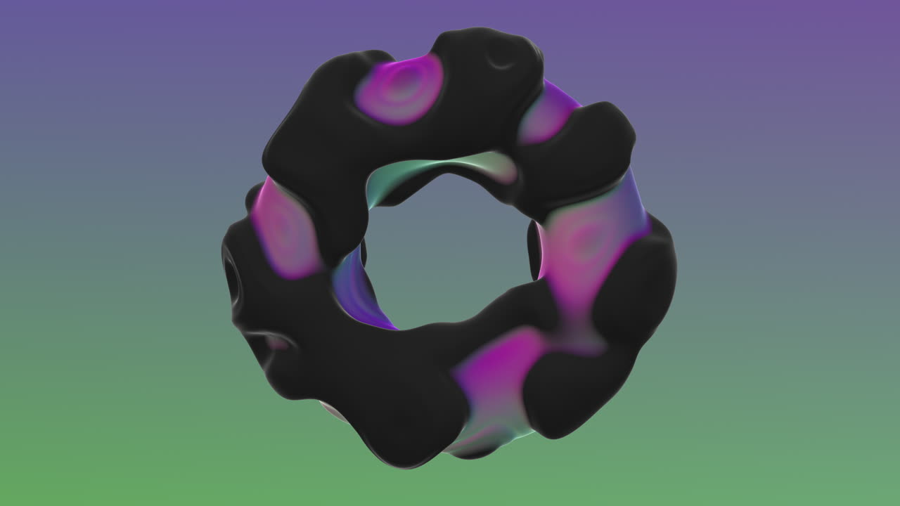 Forma astratta di toroide 3D futuristica con superficie nera liscia e gradienti viola-verde neon, che fluttua su uno sfondo morbido e colorato, ideale per design moderno, visual tecnologici e progetti di motion graphics.