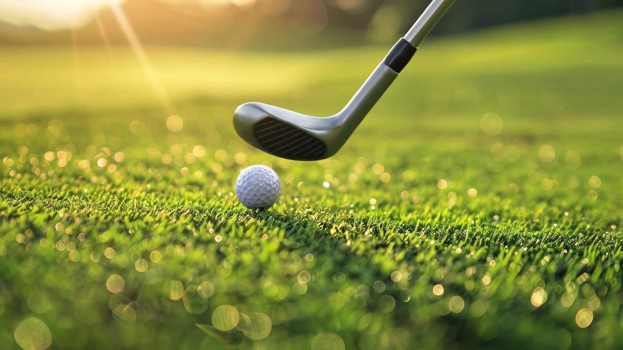 Mazza da golf che colpisce la pallina sull'erba verde al tramonto