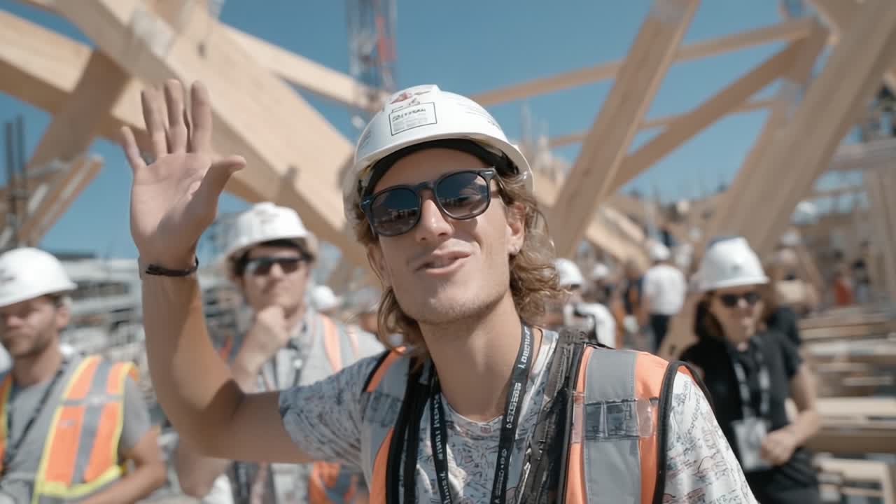 Enthusiastic Construction Workers Celebrate Progress at a Building Site with Wooden Frameworks Under a Bright Sky, Showcasing Teamwork and Joyful Spirits