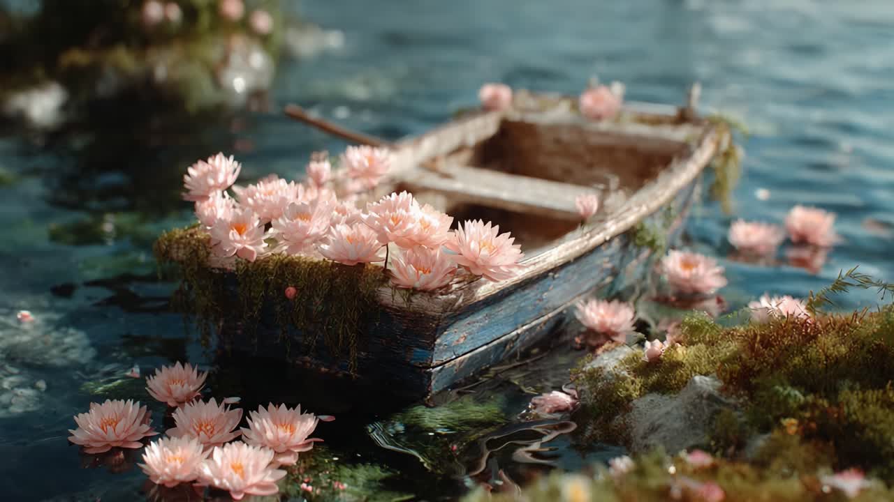 A Serene Scene of a Tranquil Boat Adorned with Lush Pink Water Lilies Floating Gently on a Calm Water Surface, Emanating Peace and Natural Beauty