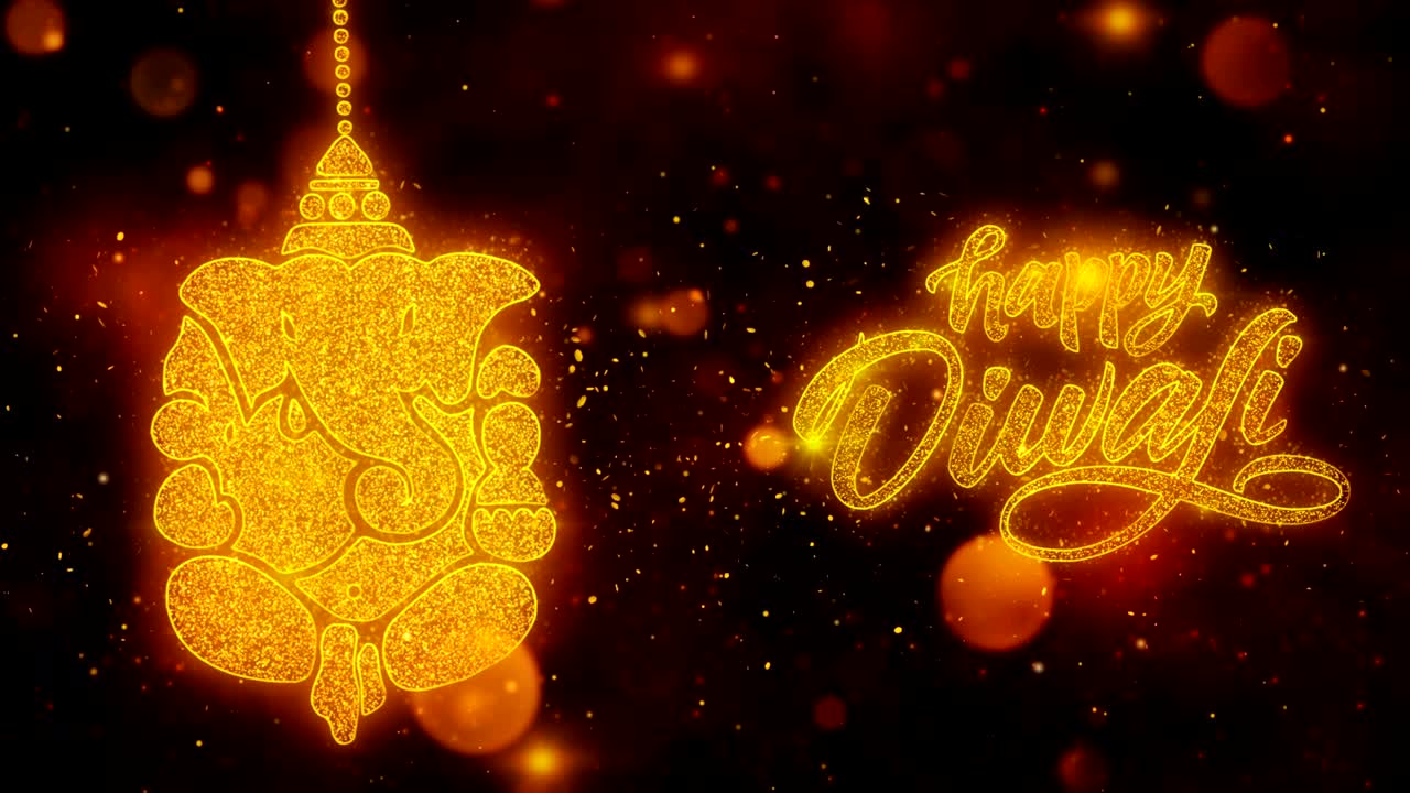 Happy Diwali text with Golden Shining Glitter Star Dust Wave of Trail Sparks Blinking Particles Fireworks. Shubh Deepavali Light and Fire Festival lights Greeting Card .16