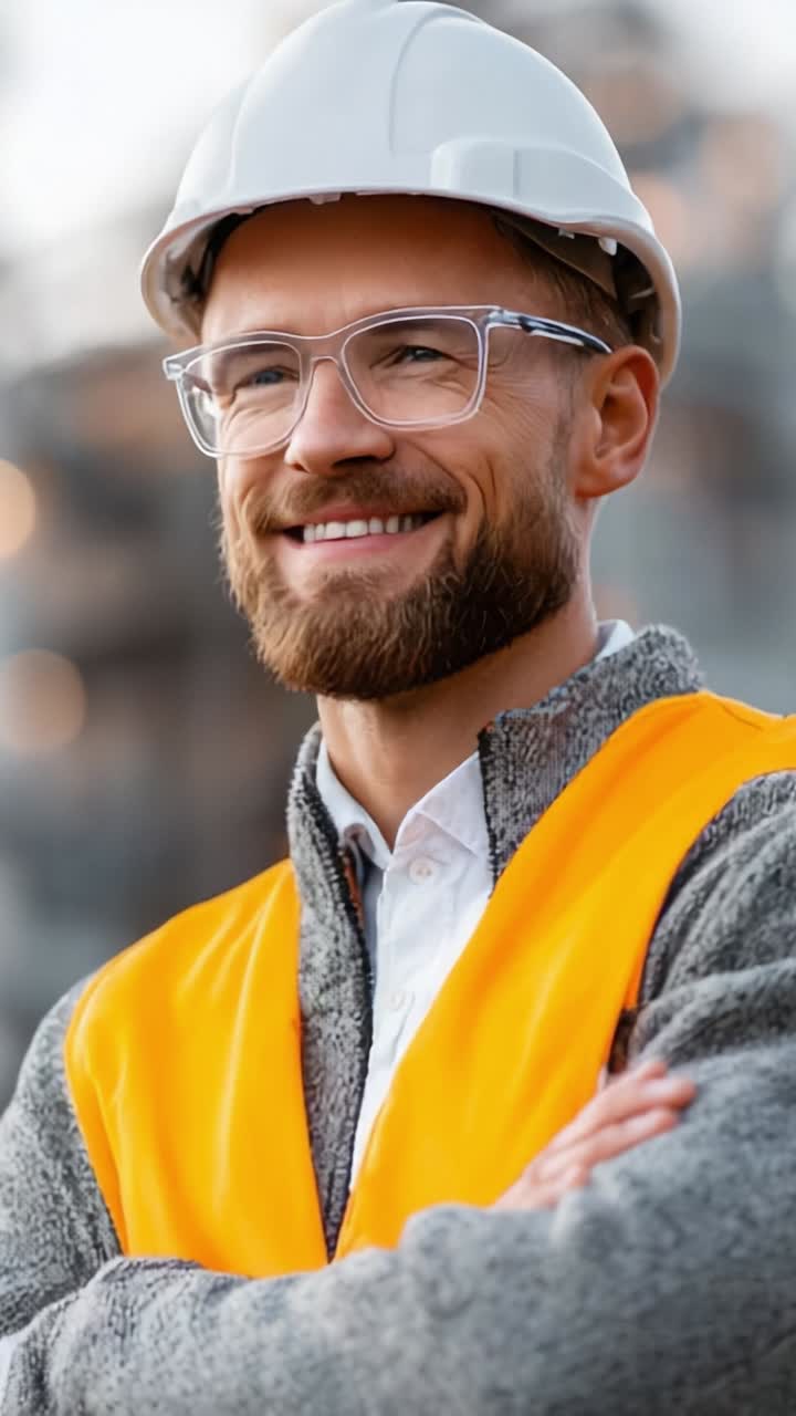 Confident Construction Professional in Safety Gear Smiling with Arms Crossed, Exhibiting Assurance and Expertise on Job Site