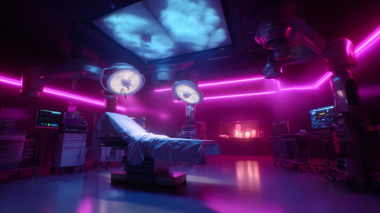 A futuristic and sterile surgical room illuminated by vibrant neon lights, showcasing advanced medical technology, high-tech equipment, and a pristine operating table set for complex surgical procedures