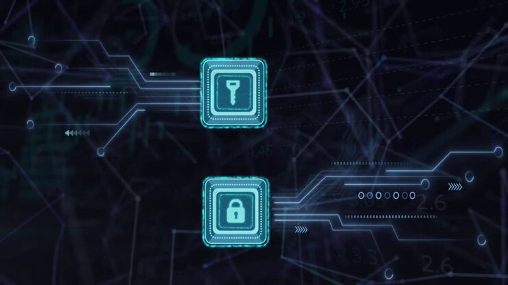 Animation of key and padlock icons, circuit board and data processing over black background