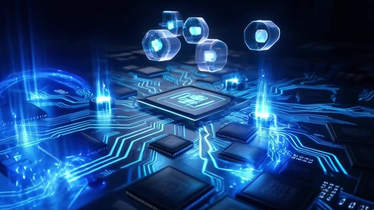 Digital Circuit Board with Glowing Data Processing and Floating Icons