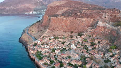 Pedestal-shot-of-Monemvasia-village-in-the-cliff-in-an-island-in-Peloponnese