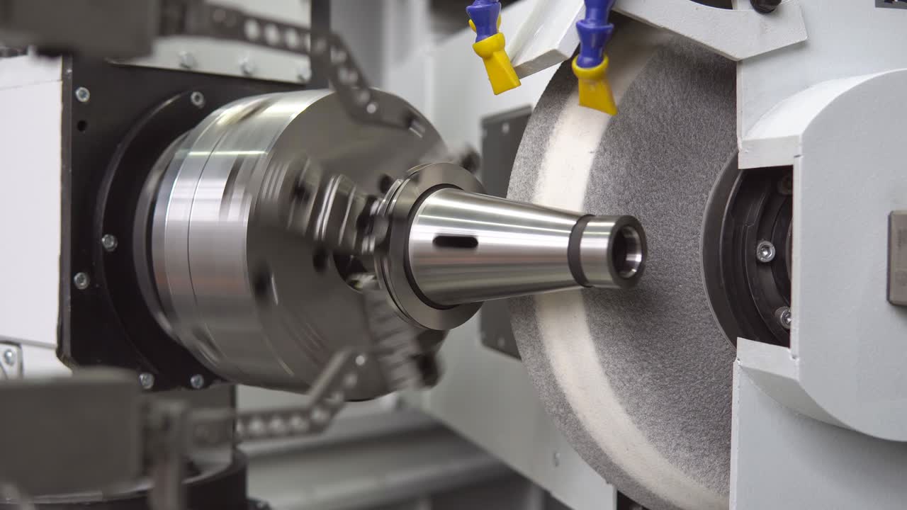 공장에서 산업용 금속 작업을 위한 마무리 과정의 강철 샤프트와 함께 cnc 고정도 표면 원통 회전 기계