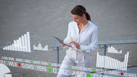 woman model in white checks current stock market and financial prices on tablet on outdoor steps