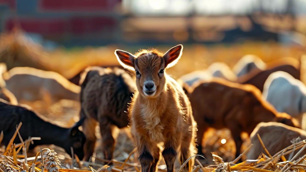 Giovane capra marrone in piedi in un gregge in fattoria. Vista frontale di un piccolo capretto domestico con altri animali in piedi sulla paglia in un ambiente esterno soleggiato.