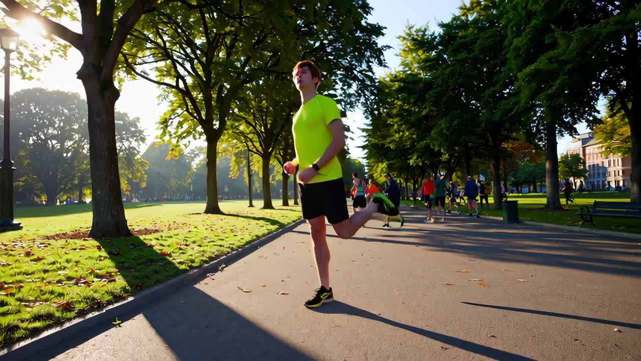 People stretching and running in a park on a sunny day