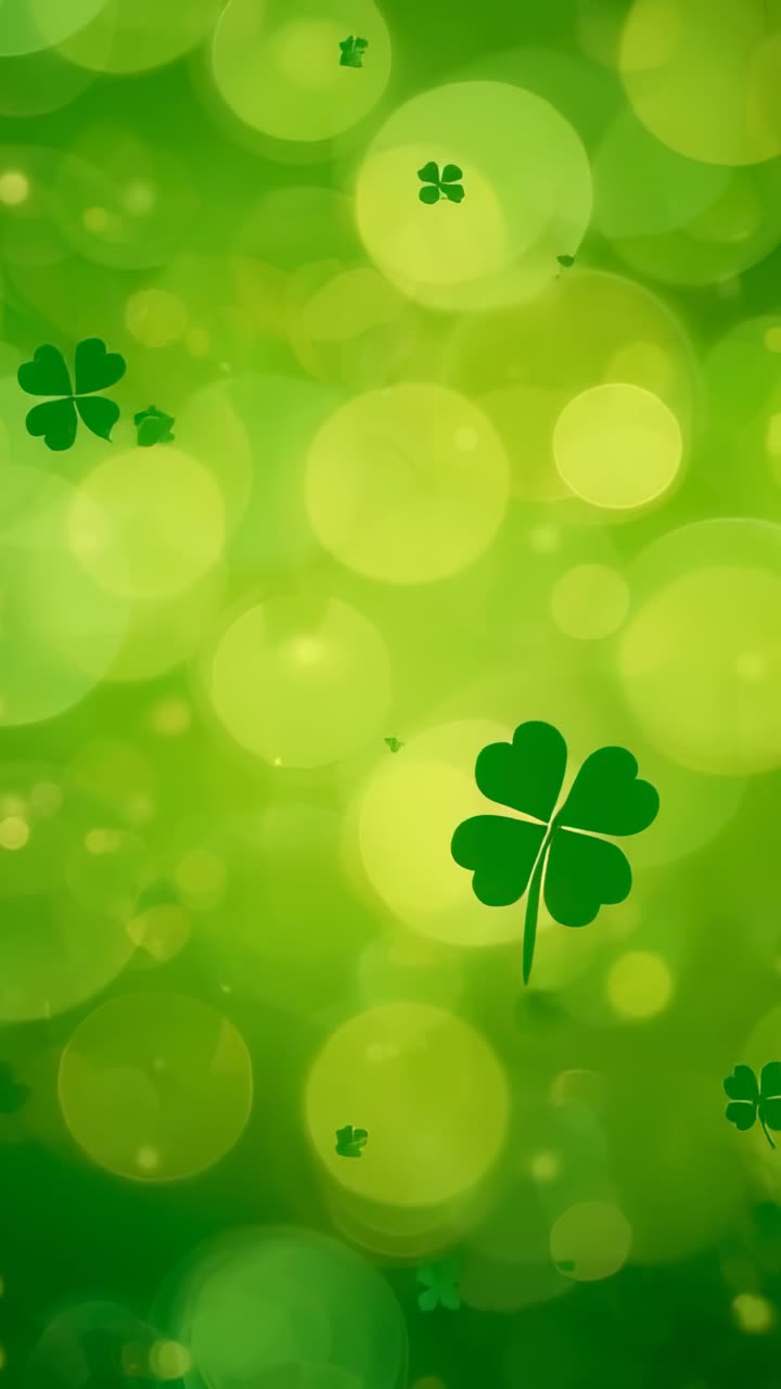 Vertical video: Looping shamrock cluster drifting across green backdrop with bokeh for calm decor