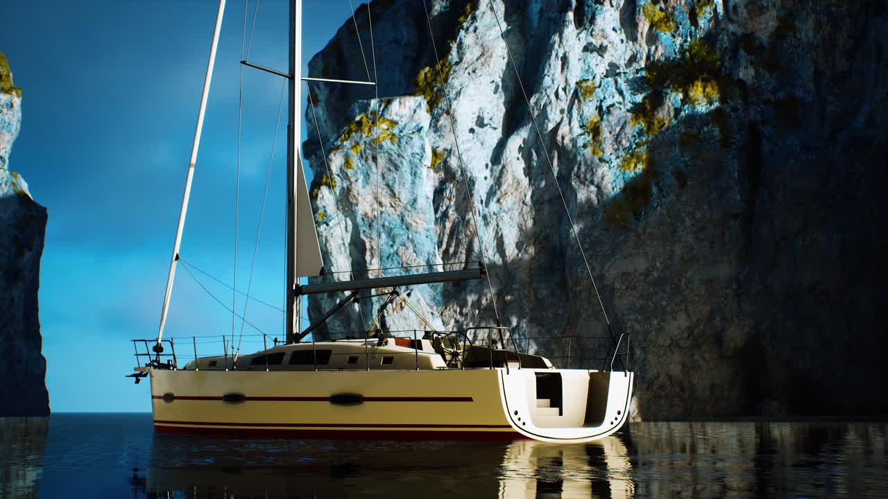 yate en el mar con isla rocosa verde