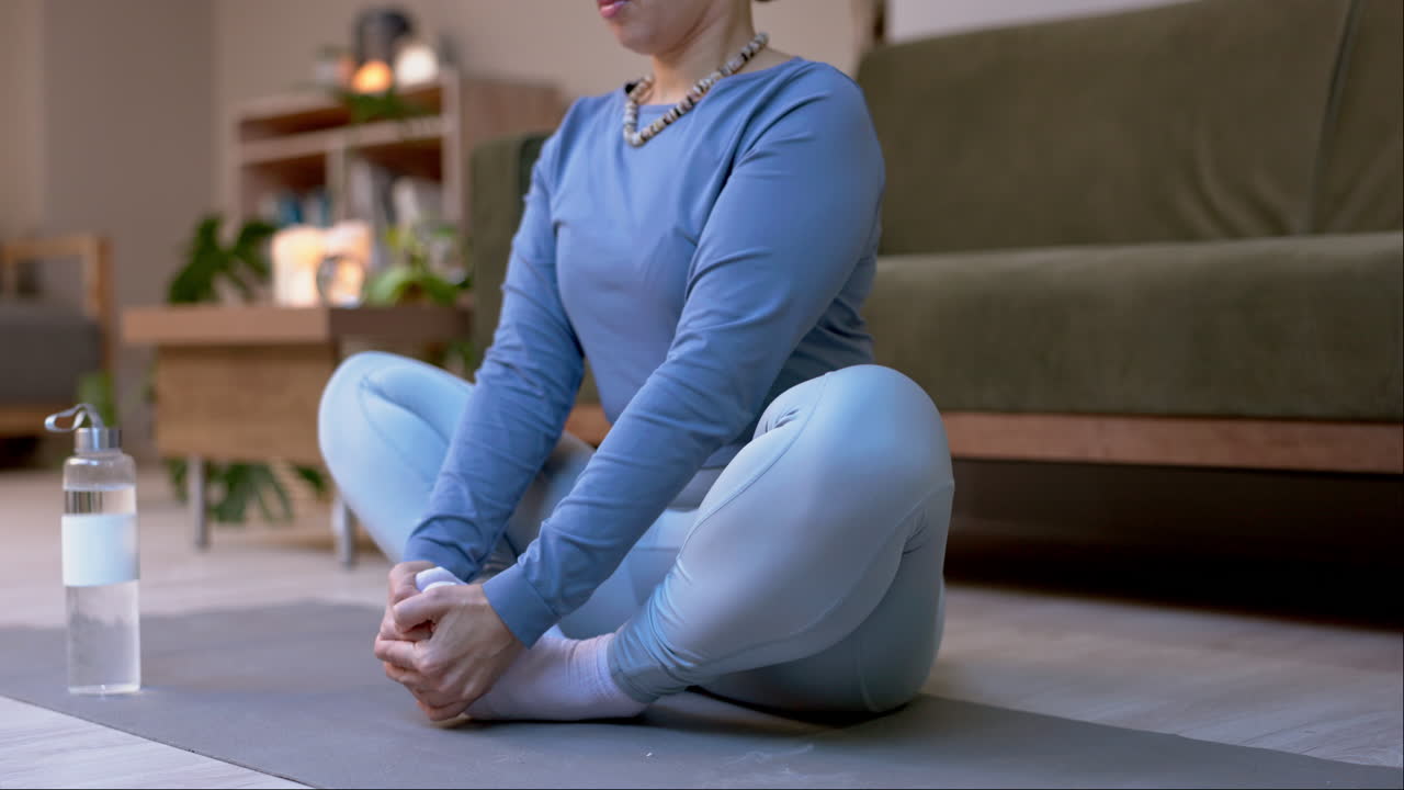 Breathing, yoga or woman in meditation in house