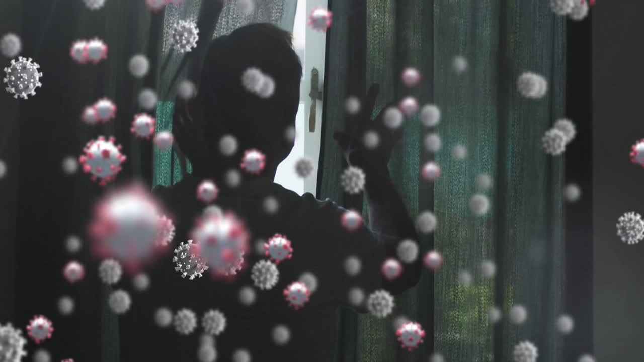 침실에서 고령 백인 남성에 대한 바이러스 세포의 애니메이션