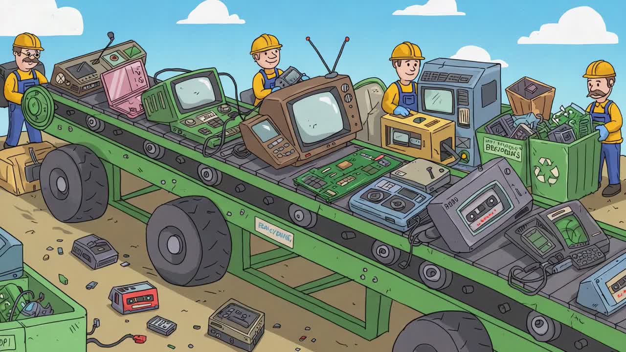 Workers on a conveyor belt processing electronic waste, meticulously sorting recyclable materials to promote environmental sustainability and responsible waste management practices