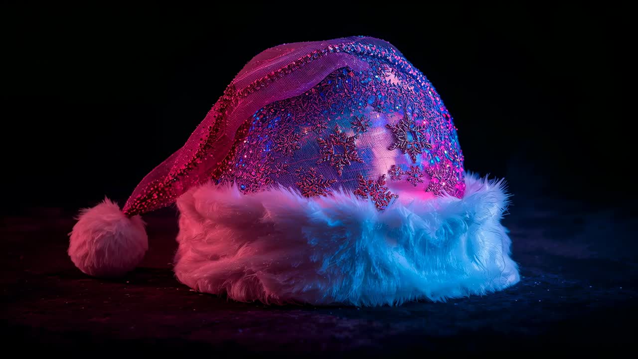Cycling magenta or cyan lights highlighting sequined Santa hat on studio tabletop, emphasizing glitt