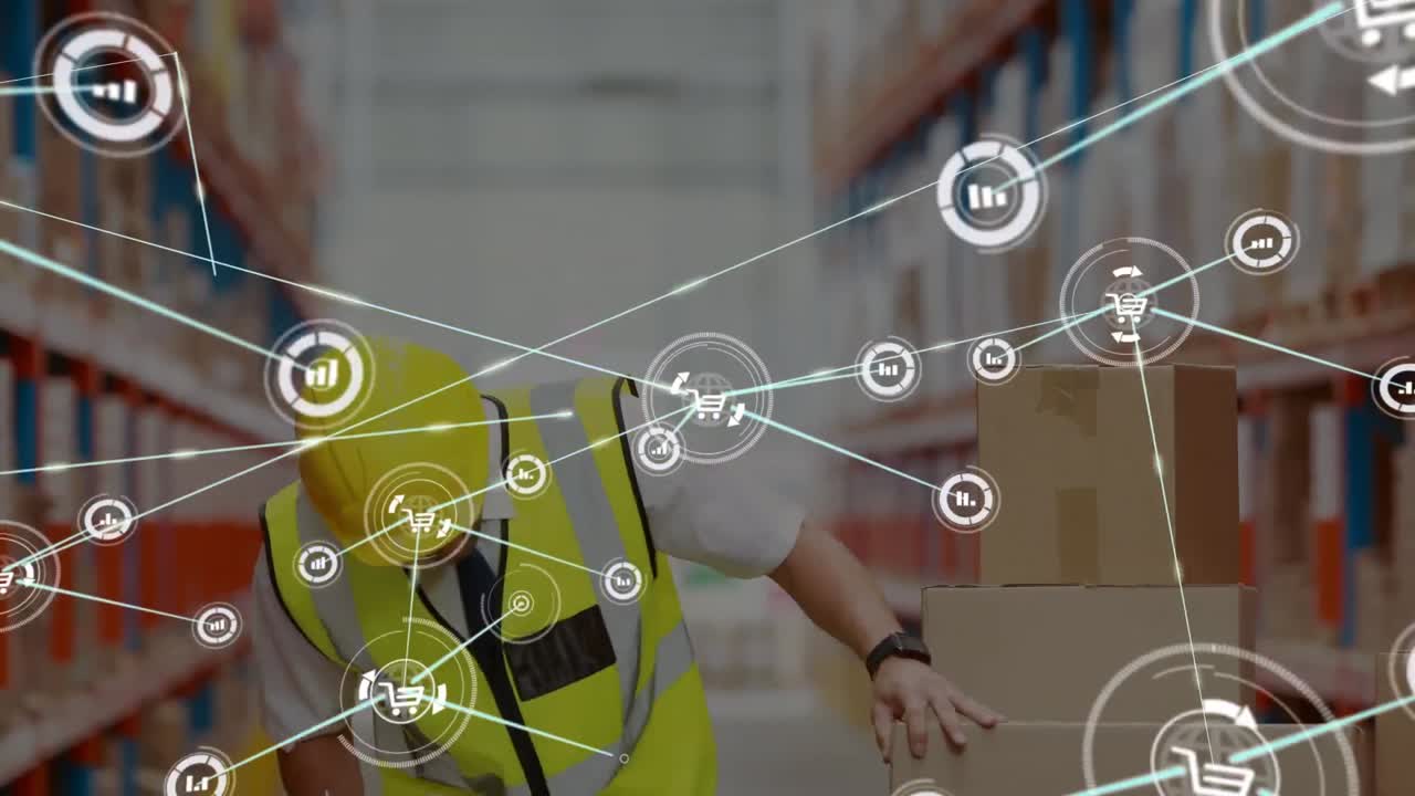 Animazione di una rete di connessioni con icone sopra un lavoratore caucasico in un magazzino