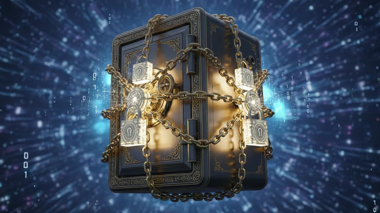 A Secure Digital Vault Encrypted with Chains and Illuminated Locks Amidst a Futuristic Background of Data and Code Streams Representing Cybersecurity and Protection