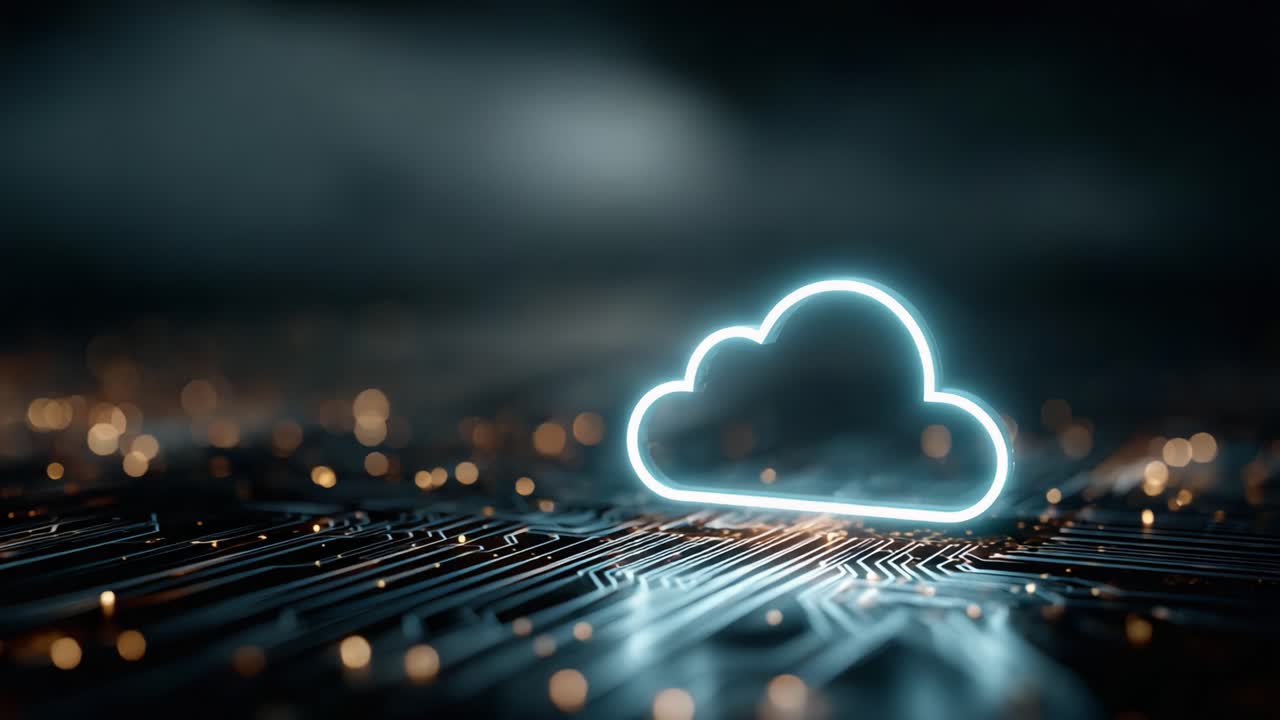 Una rappresentazione futuristica della tecnologia cloud illuminata da luci al neon su uno sfondo di circuiti stampati, che enfatizza la connettività e l'innovazione digitale