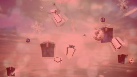 Animation-Von-Weihnachtskugeln-Und-Geschenken,-Die-über-Den-Winterlandschaftshintergrund-Fallen,-Mit-Rotfilter