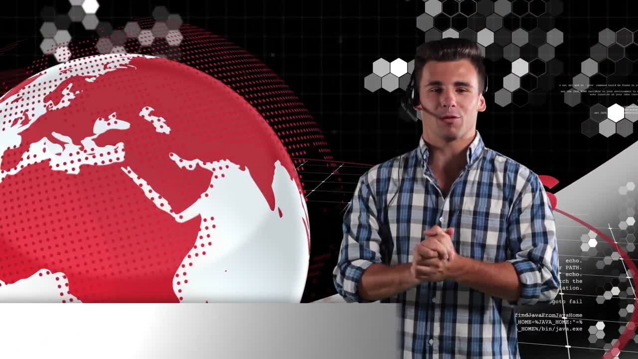 joven presentador caucásico hablando con noticias en primer plano