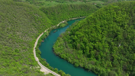 bird's-eye view of a green river cutting through a thick forest, showcasing the vibrant colors of early spring