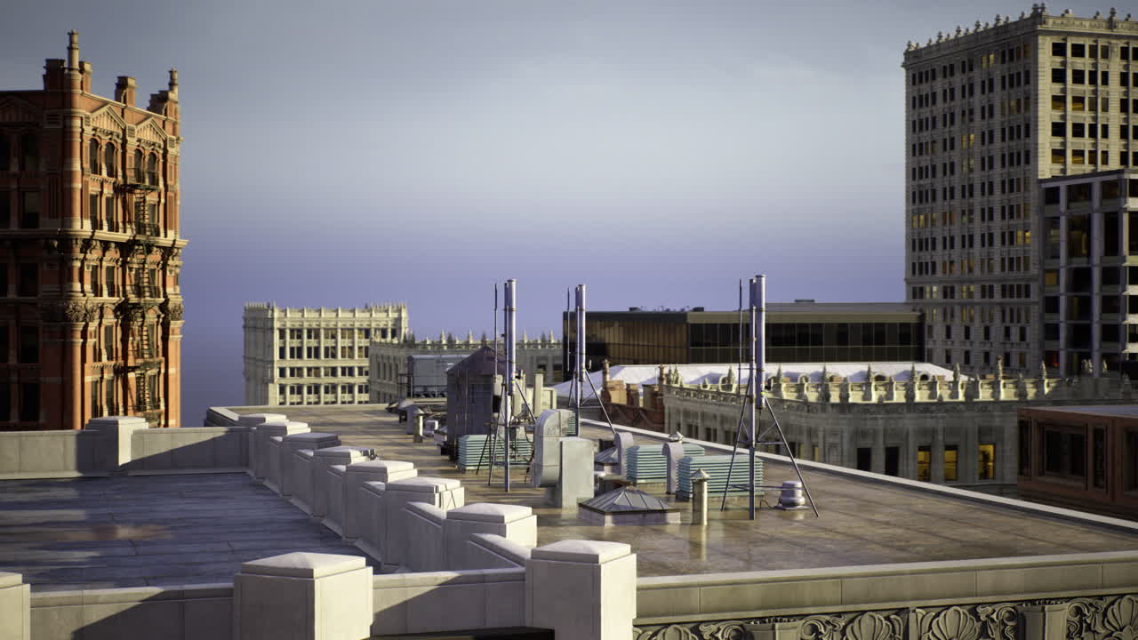Urban rooftop perspective showcasing architecture and skyline at dusk