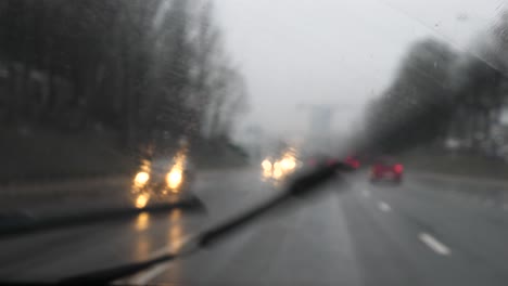 blurry view of a rain in the street, shot from the car window